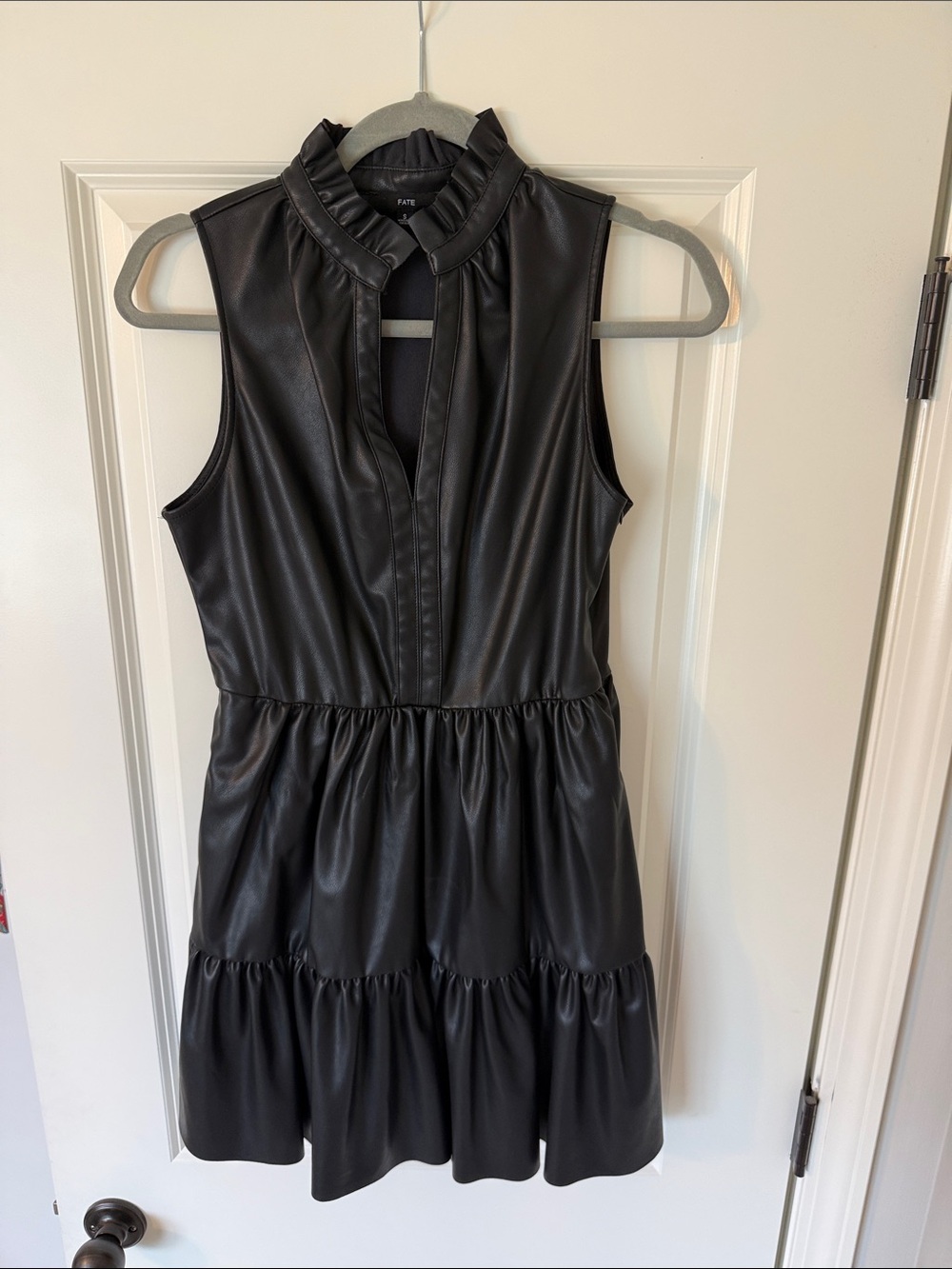 Faux Leather Ruffle-Neck Sleeveless Dress - Black